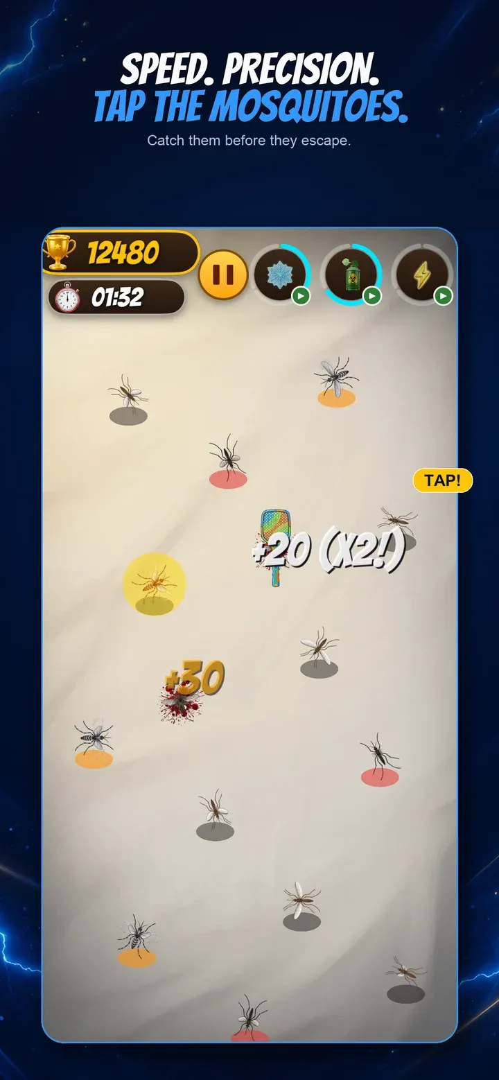 Gameplay: mosquitoes on the table ready to be swatted
